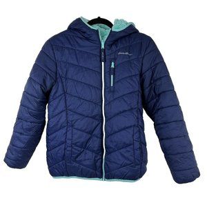 Eddie Bauer Girls Puffer Plush Reversible Hoodie Jacket Size L 14/16 Blue EUC